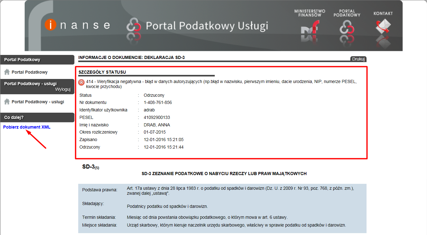 Rysunek 60 Portal Podatkowy - usługi Informacja o dokumencie weryfikacja negatywna b.