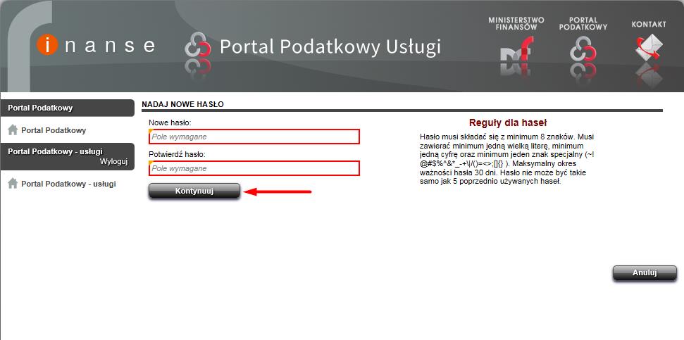 Po wybraniu niebieskiego linku nastąpi przekierowanie do Portalu Podatkowego, gdzie aby nadać nowe hasło, w sekcji NADAJ NOWE HASŁO należy