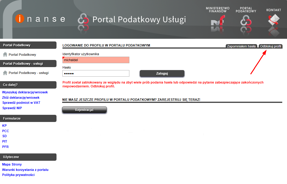 7.4 Odblokowanie profilu/konta podatnika na Portalu Podatkowym W przypadku, gdy podczas logowania do profilu/konta podatnika na Portalu Podatkowym trzykrotnie zostanie podane błędne hasło profil