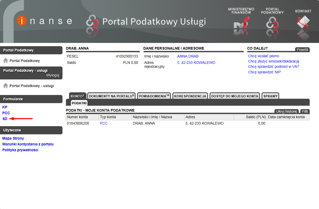 Krok 3 Rysunek 110 Portal Podatkowy usługi Wybór rodzaju podatku Na ekranie zostanie wyświetlone okno przedstawione na rysunku powyżej, w którym w panelu bocznym w sekcji Formularze należy wybrać