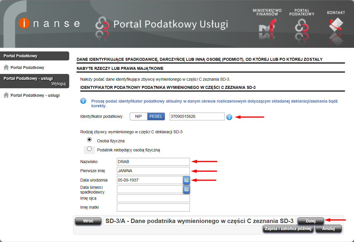 Krok 9 Rysunek 116 Portal Podatkowy usługi Dane podatnika wymienionego w części C zeznania SD-3 W kolejnym oknie SD-3/A Dane podatnika wymienionego w części C