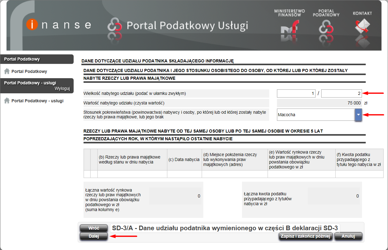 Na ekranie zostanie wyświetlone okno SD-3/A Tytuł nabycia własności rzeczy lub praw majątkowych, w którym zaznaczając odpowiednie pole wyboru należy określić tytuł nabycia własności rzeczy lub praw