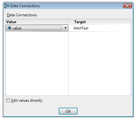 Rys. 3 oko dialogowe Data Connections Okno dialogowe Data Connections definiuje jaki parametr (w tym wypadku wartość) zostanie przekazane z bloku Data do bloku Simple Dialog.