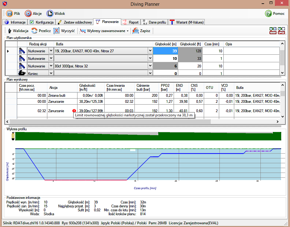 8 Planowanie nurkowania, profil nurkowy. Ilustracja 3: Widok planowania nurkowania Po wprowadzeniu podstawowych danych konfiguracyjnych możesz przejść do planowania swoich nurkowań.