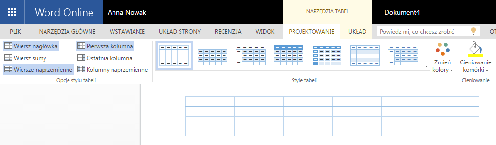 Po wstawieniu tabeli (i zawsze wtedy, gdy w tabeli jest wskaźnik myszy) na wstążce pojawi się nowa grupa zakładek Narzędzia tabel. Grupa ta zawiera dwie zakładki: Projektowanie i Układ.