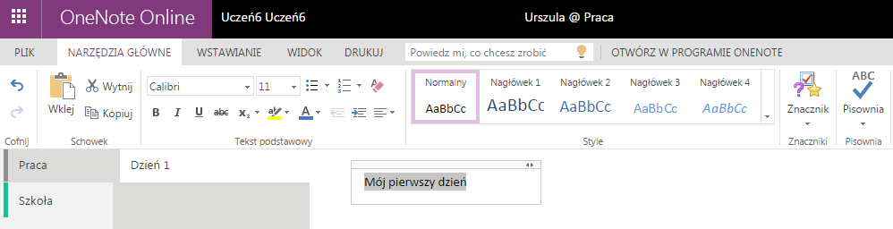 7.2.2. Tworzenie i edycja notatek Po utworzeniu przynajmniej jednej sekcji i strony można w dowolnym miejscu obszaru roboczego zacząć wprowadzać treść notatki.