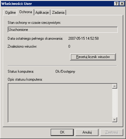 Zarządzanie siecią lgiczną 37 Na zakładce Ochrna (Rysunek 22) wyświetlane są infrmacje na temat bieżąceg stanu chrny antywiruswej kmputera klienckieg.