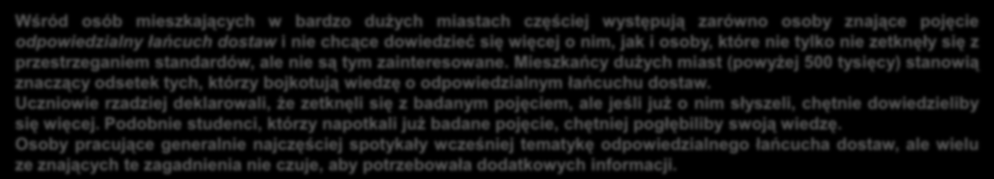 Profil psychograficzny i demograficzny grup o różnych postawach wobec informacji o odpowiedzialnym łańcuchu dostaw Wśród osób mieszkających w bardzo dużych miastach częściej występują zarówno osoby