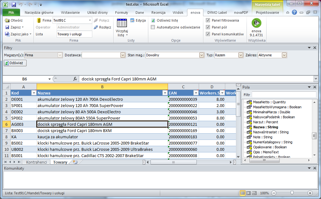 Po zainstalowaniu dodatku po uruchomieniu MS Excel pojawi się w nim dodatkowa zakładka enova o następującym wyglądzie: enova w MS Excel Rys.