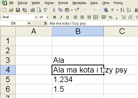 Typy danych w arkuszu Dane zawarte w komórce arkusza kalkulacyjnego mogą występować w czterech różnych typach: Dane tekstowe Poznamy je po tym, że przy braku dodatkowego formatowania (w formacie