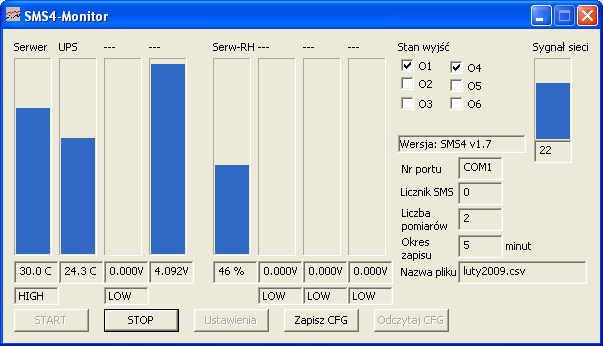 Podstawowe ustawienia programu: Numer portu COM numer portu, do którego przyłczony jest moduł SMS-4, Nazwa pliku z wynikami nazwa pliku, do którego zapisywane bd wyniki pomiarów; plik naley wybra za