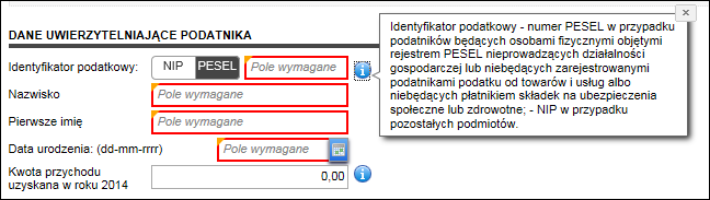 Rysunek 12 PFR Wstępnie wypełnione zeznanie podatkowe [PFR] indywidualne Identyfikator podatkowy pole wymagane, w którym należy wpisać identyfikator podatkowy (NIP lub PESEL).