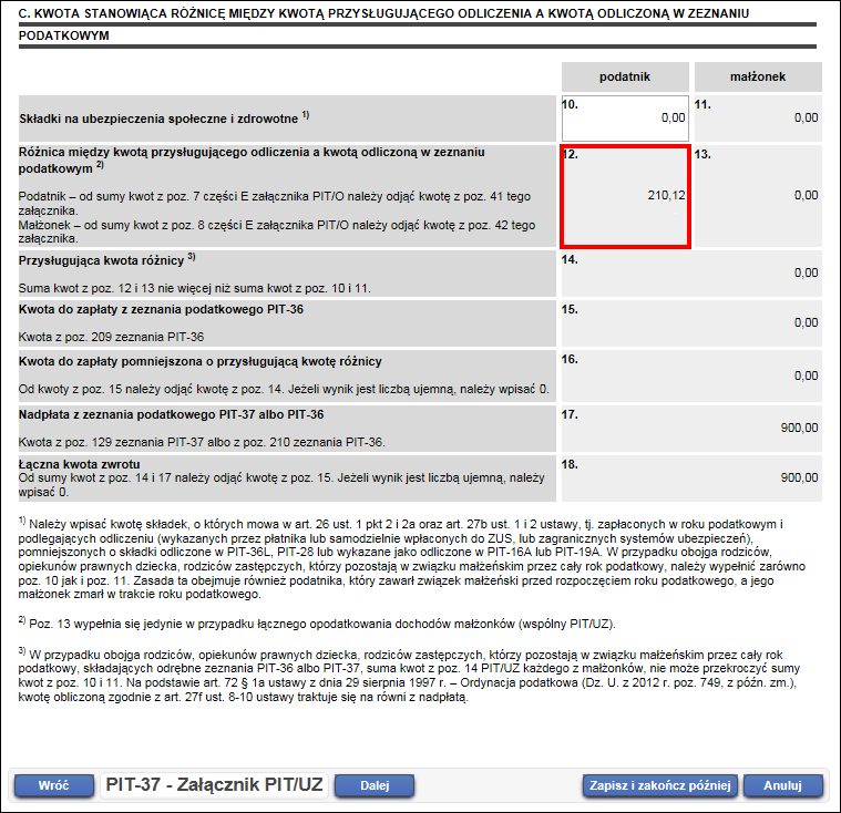 Rysunek 39 Zeznanie podatkowe PIT-37 część K pozycja 136 Jeśli podatnik chce skorzystać z możliwości odliczenia ulgi na dzieci w wysokości przekraczającej podatek należny do zeznania PIT-37 zostanie