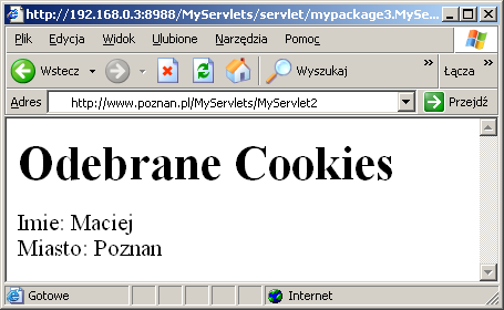 Obsługa zmiennych Cookies Klasa Cookie Zmienne Cookies reprezentowane w postaci obiektów klasy Cookie Wysyłanie zmiennych Cookies: response.addcookie() Odczyt zmiennych Cookies: request.