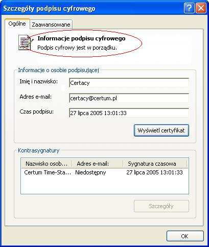 W polu Informacje podpisu cyfrowego podawany jest status
