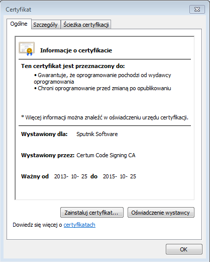 Rysunek 9. Szczegóły certyfikatu System BeSTi@ może korzystać zarówno z serwera dostępnego w pakiecie instalacyjnym, jak i z już istniejącego serwera MS SQL w wersji 2008R2 lub nowszej.