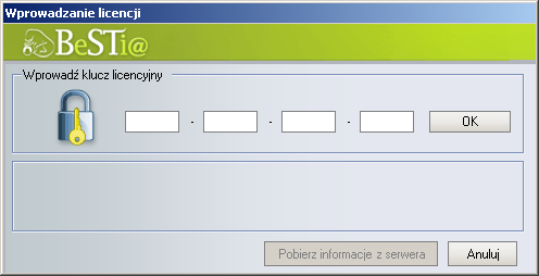 Rysunek 26. Okno wpisywania klucza licencyjnego Po zainstalowaniu programu i podaniu klucza licencyjnego zostanie wygenerowany bilet komunikacyjny.