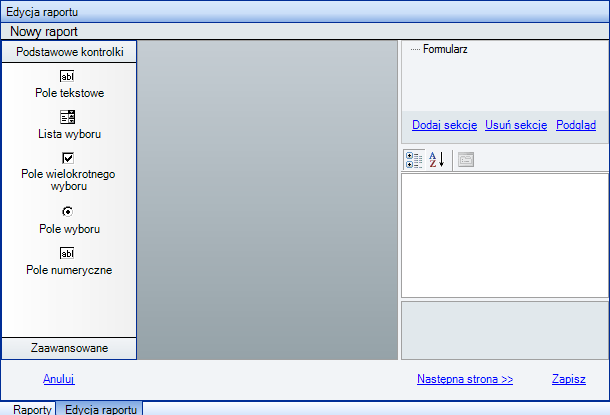 tekstowym spod prawego klawisza myszki albo z menu pod drzewem. W głównym oknie wyświetlony zostanie moduł edycji raportu (rys. 37). Rysunek 42. Moduł edycji raportu.