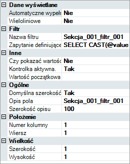 Rysunek 47. Okno właściwości listy wyboru W zależności od kontrolki, właściwości będą zawierały różne pola, np.