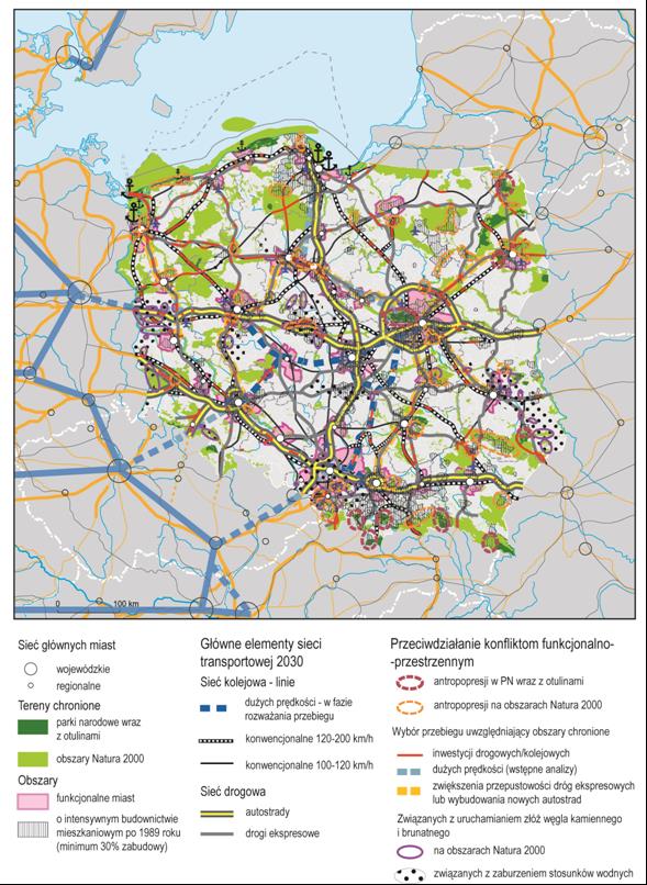 Ład przestrzenny - KPZK 2030 umożliwia wczesne zapobieganie konfliktom funkcji dotyczących ochrony zielonej infrastruktury (sieci węzłów i korytarzy ekologicznych) z rozwojem miast korytarzami