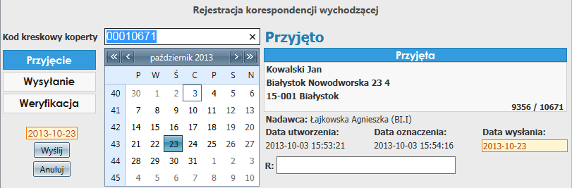 PRZYJĘCIE Opcja służy do przyjmowania korespondencji fizycznie dostarczanej do kancelarii. Korespondencja zostanie przyjęta na stan kancelarii, ale jeszcze nadal ma status niewysłanej.