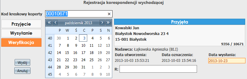 2. Po operacji wczytania kodu z koperty należy wybrać cenę (lub inny parametr poniżej), co powoduje automatyczną zmianę statusu z Przyjęta na Wysłana : WERYFIKACJA Opcja służy do weryfikacji