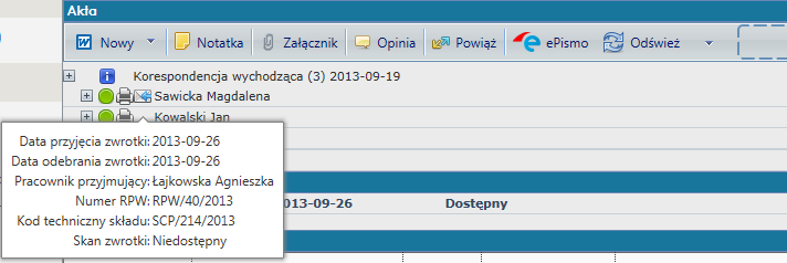Po wybraniu prze pracownika kancelarii odpowiednich czynności dotyczących zwrotki i następnie kliknięciu ikonki W koszulce ze sprawą, z której wysyłano przesyłkę za zwrotnym potwierdzeniem odbioru