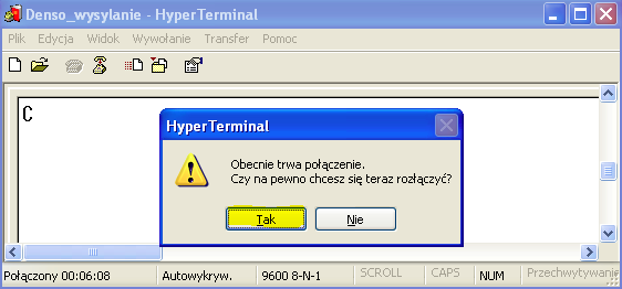 Po zakooczeniu transmisji powyższe okienko zamknie się automatycznie, a kolektor uruchomi melodyjkę. Po wysłaniu danych zamykamy okno HyperTerminal.