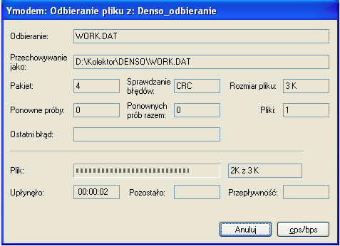Wybieramy katalog importu (jest proponowany automatycznie), oraz ustawiamy protokół Ymodem (również jest proponowany domyślnie) oraz naciskamy przycisk Odbierz. Teraz uruchamiany funkcję 1.