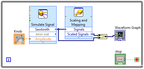 8. Dwa sygnały na jednym wykresie Aby porównać sygnał wygenerowany przez Simulate Signal z sygnałem zmodyfikowanym przez Scaling and Maping, musisz umieścić je na tym samym wykresie.