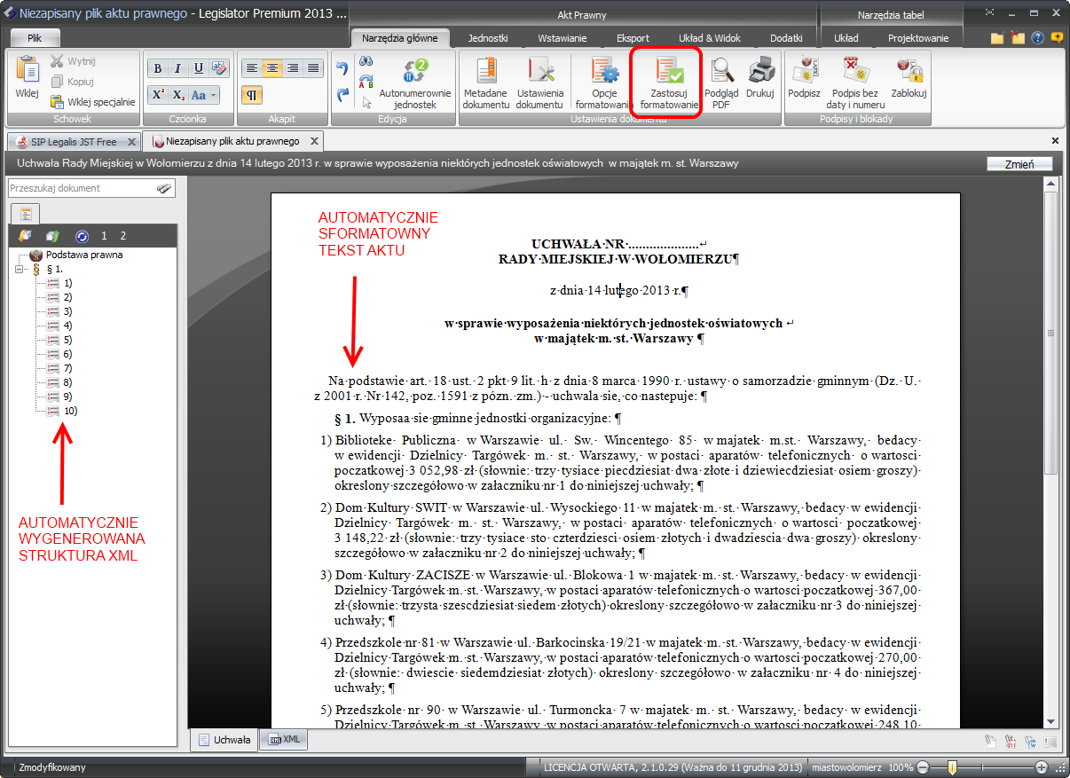 3) następnie klikamy przycisk formatowanie -> widzimy jak Edytor XML automatycznie przeformatował cały tekst (pousuwał entery i całość doprowadził do odpowiedniego stanu/wyglądu) widzimy to poniżej: