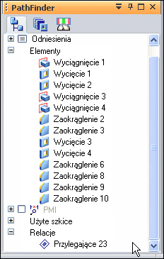 Modelowanie i edycja części na poziomie Krok 14: Wyświetl relację przylegania w narzędziu PathFinder Ponieważ dla relacji przylegania ustawiłeś opcję relacji trwałej, to relacja ta będzie dostępna na