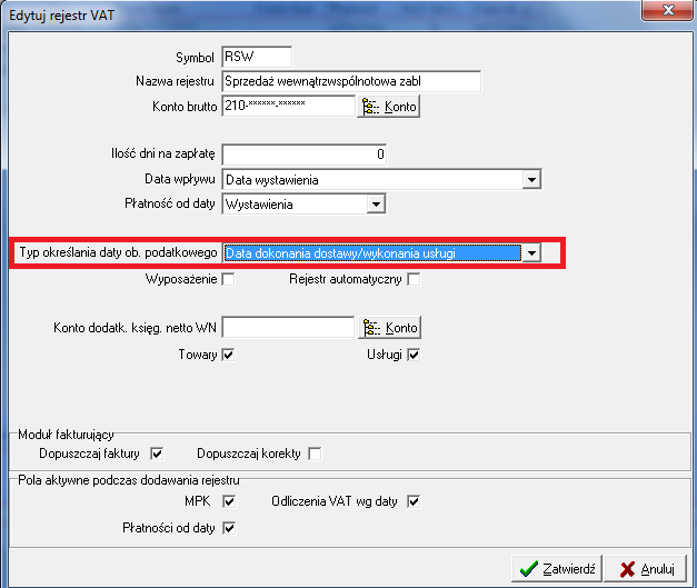 W module jest możliwość uzupełnienia daty dla jednej lub wielu zaznaczonych faktur jednocześnie. Po uzupełnieniu daty system ponownie ustali właściwy okres do odliczenia VAT. III.