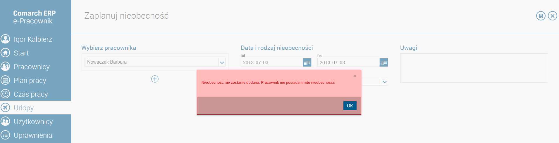 Rys. Planowanie nieobecności - formularz Przy próbie zapisania nieobecności, program sprawdza czy dana osoba ma limit, jaki jest jego okres i czy pracownik posiada wystarczającą ilość godzin urlopu.