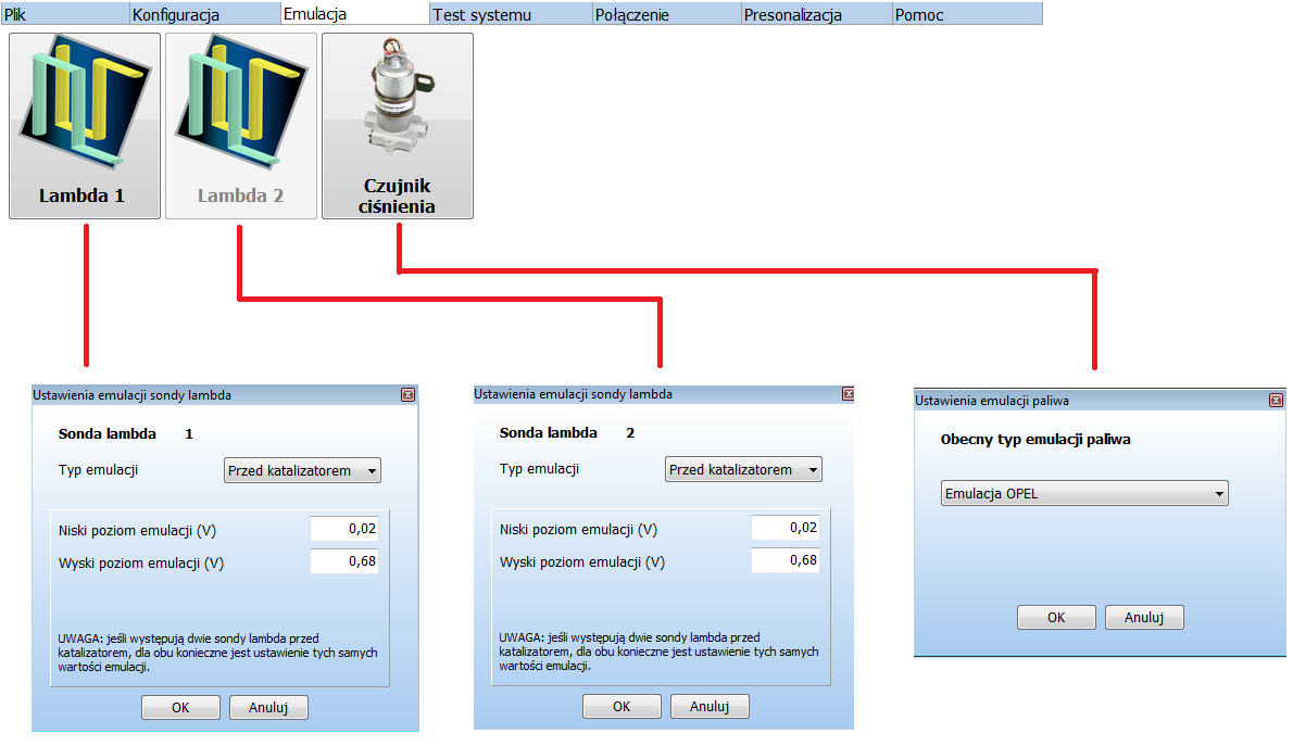 Po wybraniu Lambda 1, co widoczne jest powyżej, wyświetlone zostanie okno w którym można ustawić: Typ emulacji o Przed katalizatorem jeżeli sonda podłączona przy pomocy purpurowego i szarego przewodu