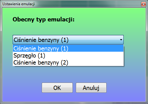 Po wybraniu z menu Czujnik ciśnienia zostanie wyświetlone okno, w której należy wybrać typ emulacji z wyświetlonej listy: Ciśnienie bynzyny (1) przeznaczone jest do emulacji ciśnienia benzyny w