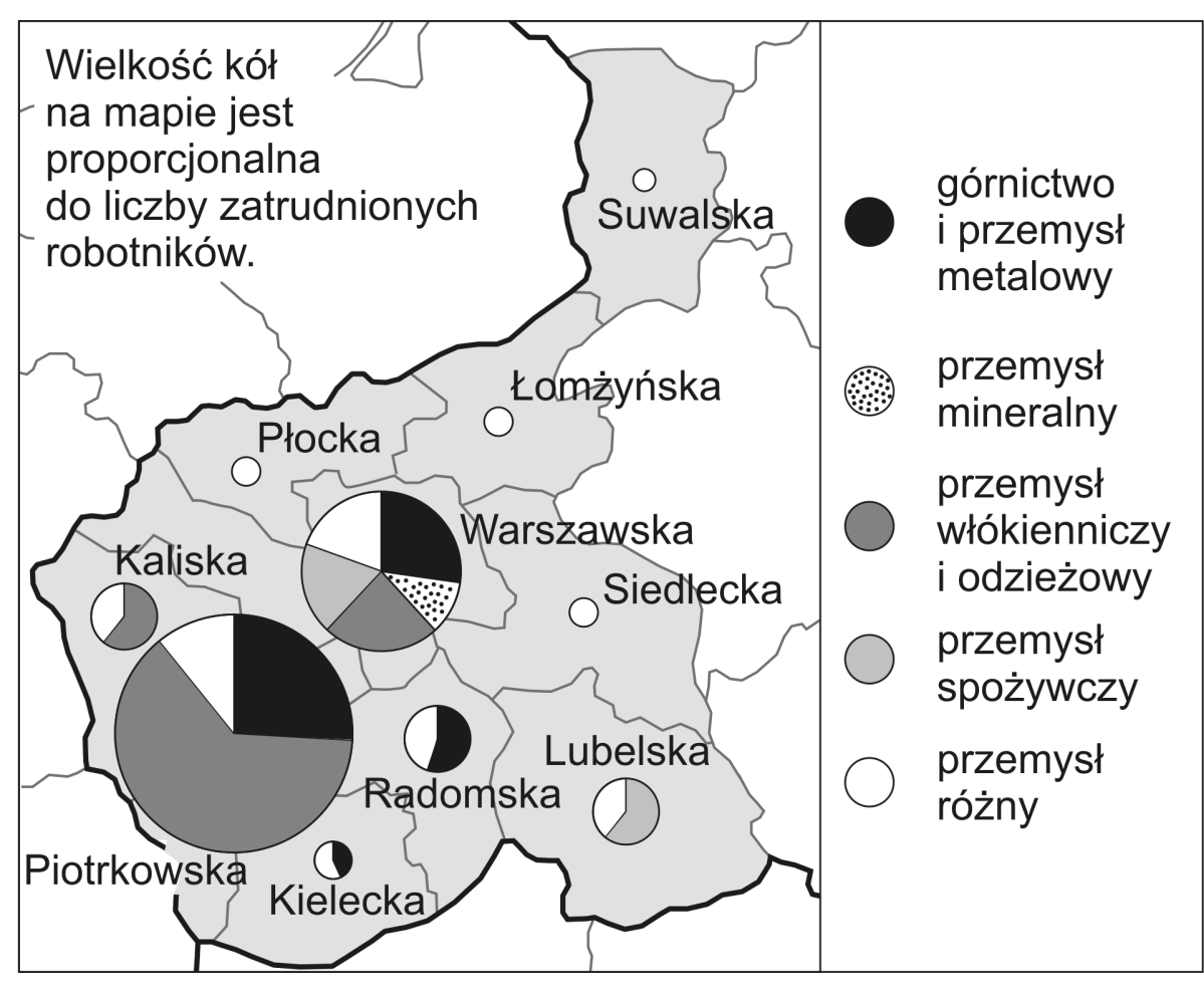 Mapa do zadania 18. Przemysł w guberniach Królestwa Polskiego ok. 1910 r. Na podstawie: J. Skodlarski, Zarys historii gospodarczej Polski, Warszawa 2007. Zadanie 18.