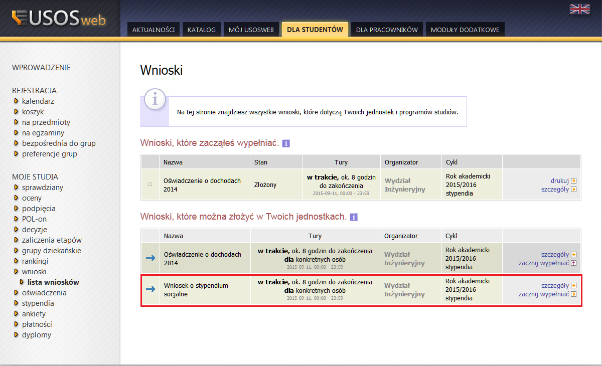 Po wejściu w zakładkę wyświetlone będą wszystkie wnioski jakie będziesz mógł złożyć.