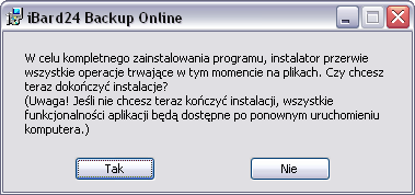 Instalator może wyświetlić komunikat konieczności uruchomienia ponownego komputera po instalacji, chyba że użytkownik zezwoli na zamknięcie programów działających w danej chwili na plikach.