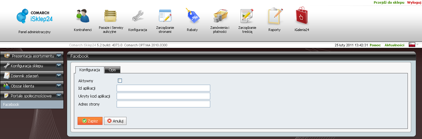 2.1 Integracja z Facebook Wersja 5.2 umożliwia integrację sklepu z portalem społecznościowym Facebook.