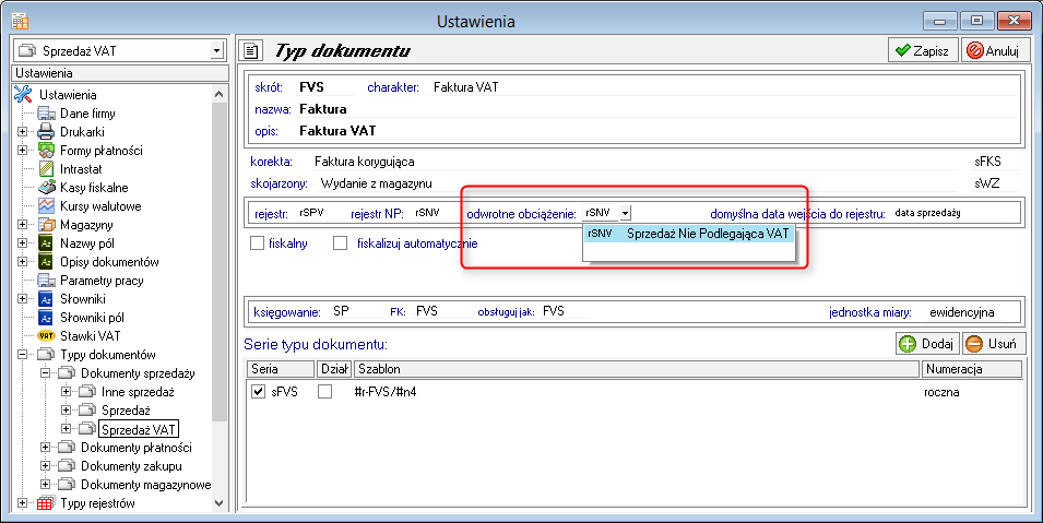 Rejestr odwrotne obciążenie w typie dokumentu sprzedaży Na formatce wybranych typów dokumentów sprzedaży można wskazać rejestr dla odwrotnego obciążenia.