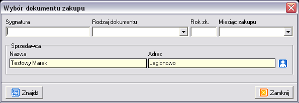 W dolnej części okna znajdują się następujące przyciski: Edycja dokumentu zakupu Menu: Zakup -> Edycja dokumentów zakupu Po wybraniu sprzedawcy wyświetlane jest okno z danymi jego karty.