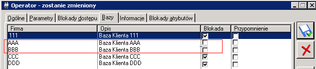 Podręcznik UŜytkownika systemu CDN OPT!MA Str. 21 Na formatce takiego operatora blokuje dostęp do wszystkich baz poza bazą/bazami, które są firmowymi bazami tego Klienta.