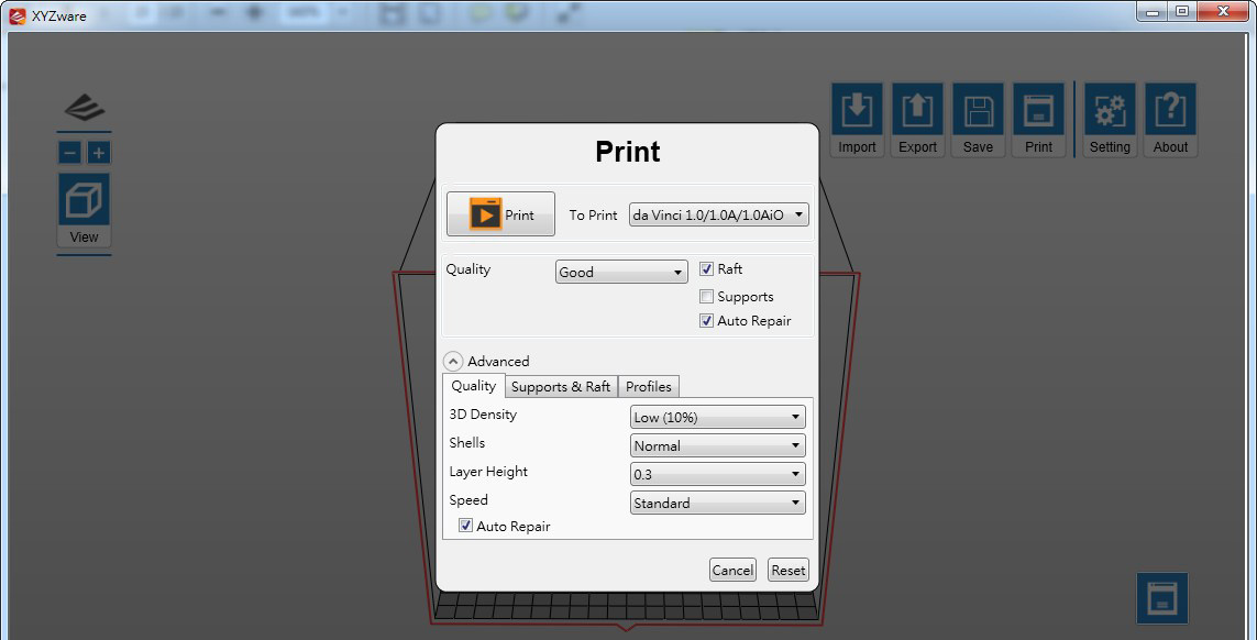 6.1 Print (Drukuj) Rozpoczęcie drukowania obiektu. 6.2 Printer (Drukarka) Wybierz jako wyjście serię da Vinci 1.0 lub serię da Vinci 2.0 Duo.