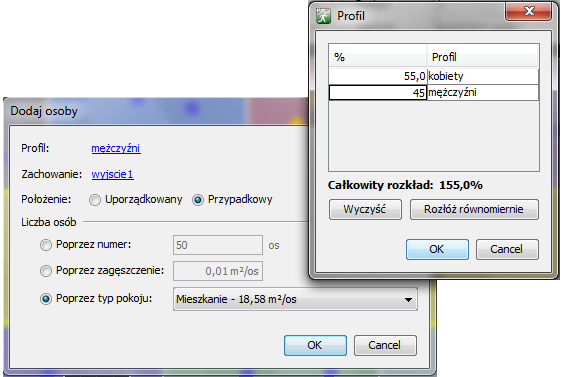 Rys.1. Opcja Dodaj osoby pozwala przypisać ludzi do danego pokoju, piętra lub budynku. Następnym krokiem będzie procentowe rozmieszczenie profili zdefiniowanych np. według płci.