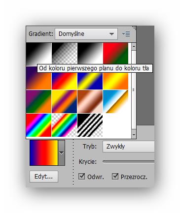 błyszczących powierzchni itp. Opcje narzędzia Wybieranie narzędzia gradient jest bardzo proste, wciskamy (G) lub klikamy na ikonkę pasku narzędziowym.
