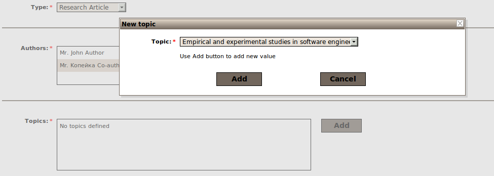 Rysunek 3.5: Dodawanie kolejnego autora artykułu. Rysunek 3.6: Dodawanie topików.