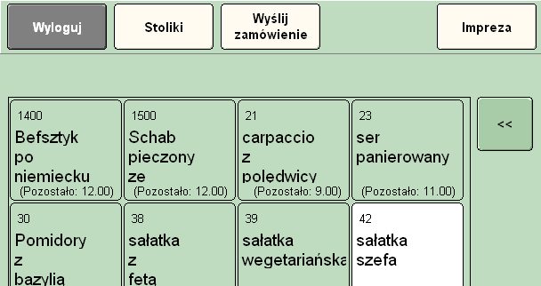 Następujące funkcje działają w trybie imprezowym identycznie jak w trybie normalnym: Przejście do ekranu wyboru rachunku / stolika (przycisk Stoliki ) Wysyłanie zamówienia (przycisk Wyślij zamówienie