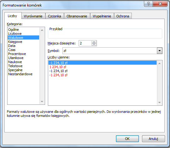 FORMATOWANIE WARTOŚCI LICZBOWYCH Wszystkie komórki nowo utworzonego arkusza przybierają ogólny format liczbowy oraz standardowe wyrównanie i inne atrybuty.