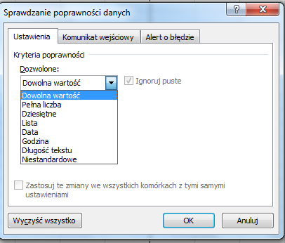 SPRAWDZANIE POPRAWNOŚCI DANYCH REGUŁY POPRAWNOŚCI DANYCH, LISTA ROZWIJALNA Sprawdzanie poprawności danych w programie Microsoft Excel umożliwia zdefiniowanie typu danych, które mają byd wprowadzane w